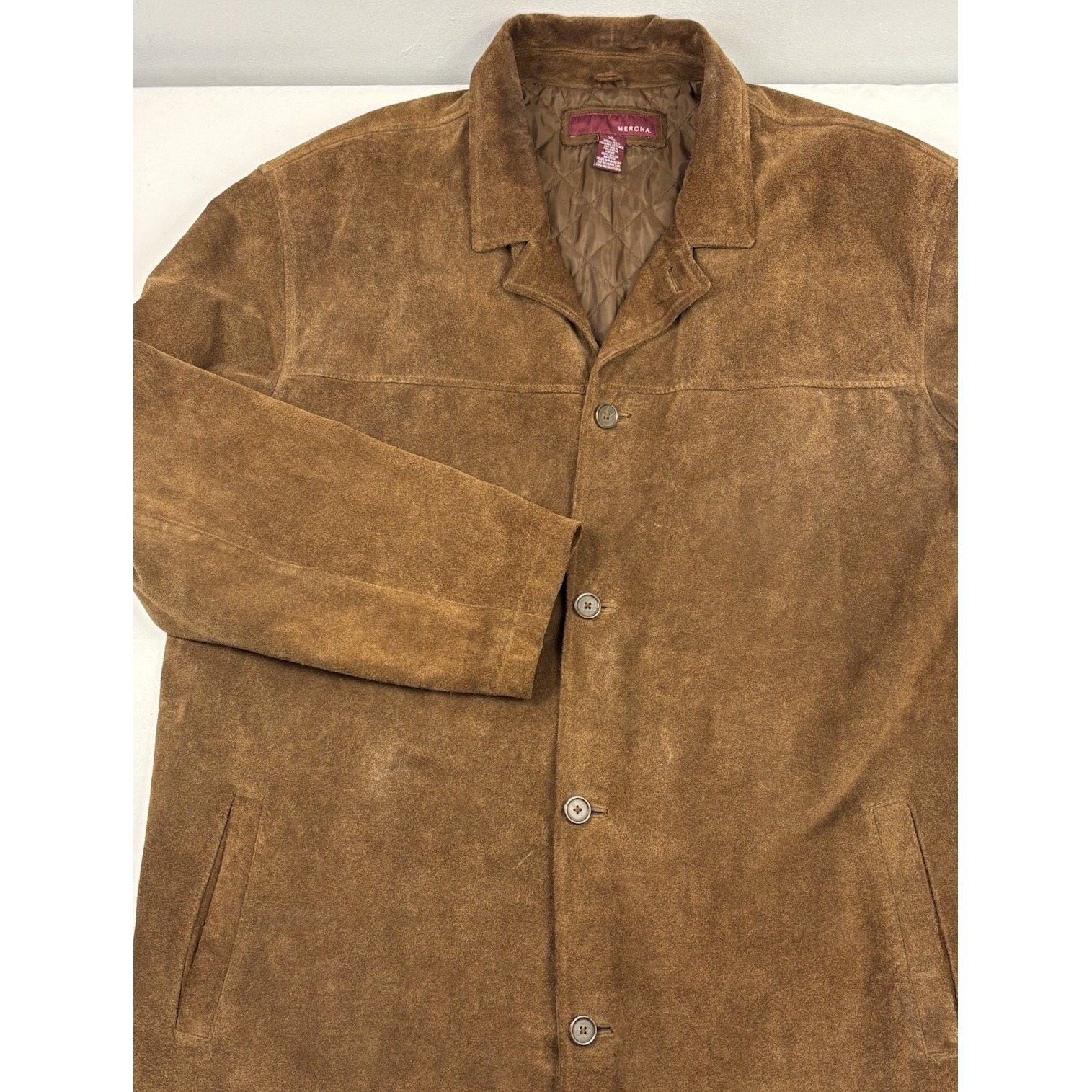 Vtg Merona Brown Suede Leather Mid-Length Coat/Jacket Quilted Liner Oversized Xl